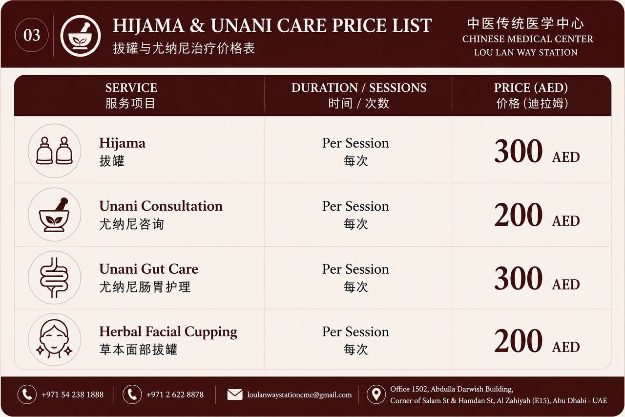 Hijama and Unani care price list at Lou Lan Way Station