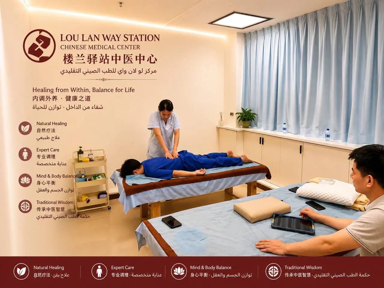 Female practitioner providing hands-on supportive therapy at Lou Lan
